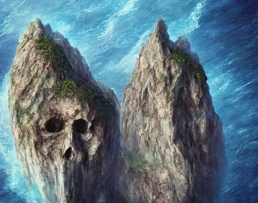 Image similar to fantasy painting of a cliff in the shape of a skull overseeing a vast ocean, complex, detailed, intricate abstract. delicate artwork. by Tooth Wu, wlop, beeple, dan mumford. octane render, trending on artstation, greg rutkowski very coherent symmetrical artwork. cinematic, hyper realism, high detail, octane render, 8k, depth of field, bokeh. chrome accents.