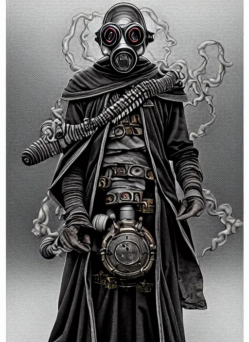 Prompt: fineart illustration of the old necromancer, wearing a wizard cloak, gas mask, by peter morchbacher, hyper detailed, intricate, complex, 8 k, crisp,