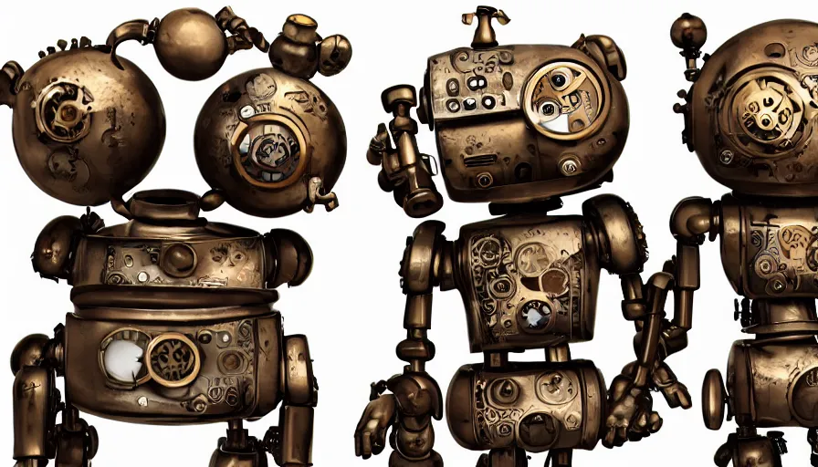 Image similar to two cute steampunk robots with human skin and large shiny eyes smiling and waving, isolated on white background, intricate details, 3D occlusion