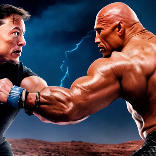 Prompt: Photograph of Elon Musk fighting Dwayne Johnson. Extremely detailed. 4K.