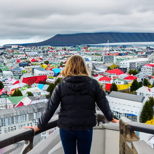 Prompt: standing at the top of hallgrimskirkja, looking out over reykjavik, colorful rooftops and city roads below, mountains in the distance