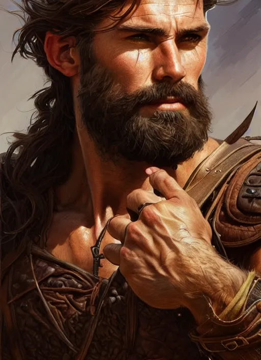 Image similar to portrait of a ruggedly handsome ranger, hands details, muscular, half body, leather, hairy, d & d, fantasy, intricate, elegant, highly detailed, digital painting, artstation, concept art, smooth, sharp focus, illustration, art by artgerm and greg rutkowski and alphonse mucha