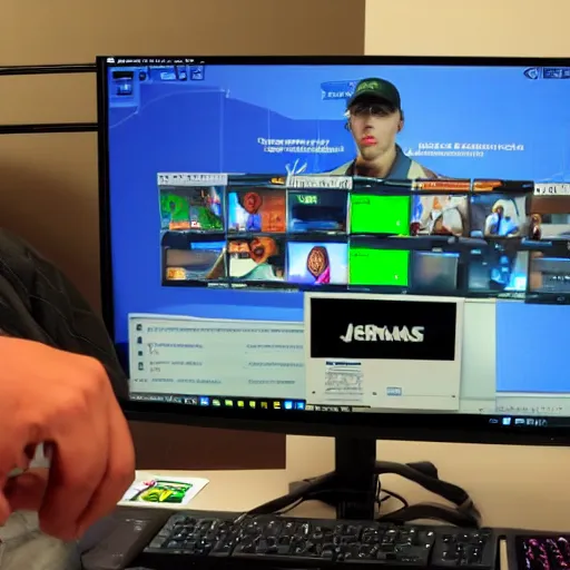 Prompt: jerma985 at a computer playing fortnite