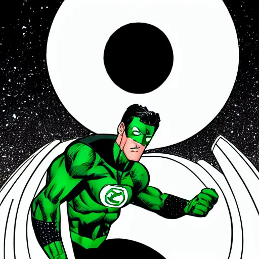 Image similar to comic Green Lantern in black and white uniform in space standing infront of the moon, HQ, comic style