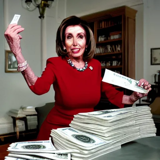 Image similar to nancy pelosi collecting stacks of 1 0 0 dollar bills wlop