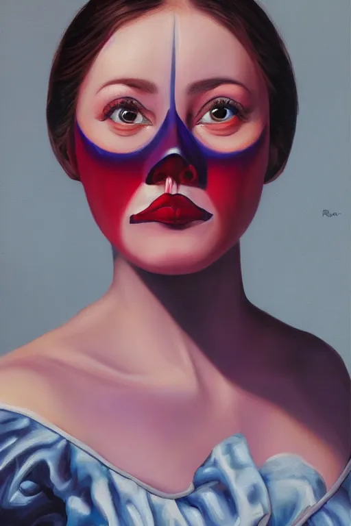 Image similar to hyperrealism oil painting, close - up portrait of commedia dell'arte fashion woman model, gradient mixed with nebula sky, in style of baroque