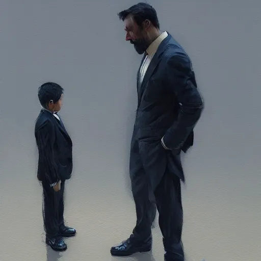 Image similar to oil painting of a man in a suit indifferent to an orphan boy who asks, by greg rutkowski, artstation