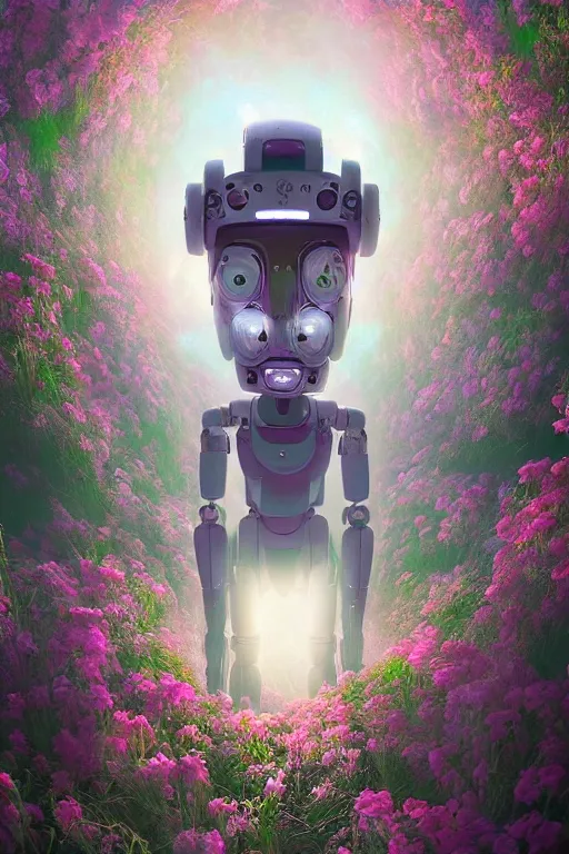 Prompt: a digital painting of a robot with flowers, cyberpunk art by Mike Winkelmann, cgsociety, panfuturism, afrofuturism, made of flowers, dystopian art, vaporwave