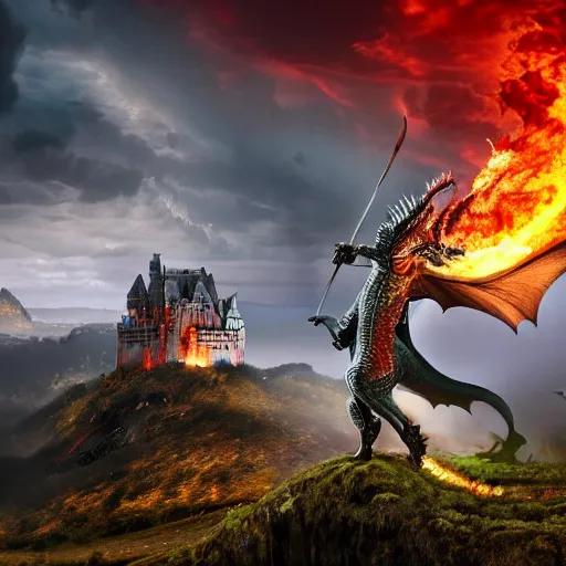 Image similar to a knight with sword leaping on a dragons back as the dragon breathes fire and inflames the ground beneath him, smoke everywhere with castle in distance, stormy, raining, 4 k, hd, realistic