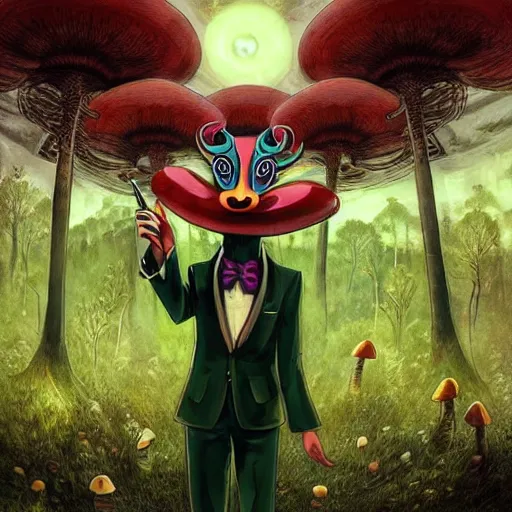 Image similar to a centered chest up portrait of a psychedelic demonic anthropomorphic forest animal in a suit smoking a hand - rolled cigarette smoking heavily, magic mushroom village in background. award winning. superb resolution. in the art style of junji ito and greg rutkowski. detailed mushroom city in background. hyper realistic anime. perfect art. dalle 2