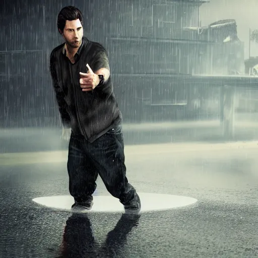 Prompt: Alan wake standing on a hoverboard with a shotgun while rain pours down from above, HDR, 8k, trending on artstation