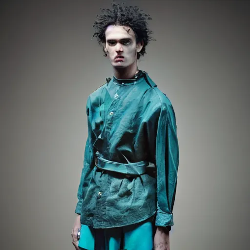 Prompt: an award - winning photo of a male model wearing a baggy teal distressed medieval leather menswear camp collar shirt by issey miyake, 4 k, studio lighting, wide angle lens