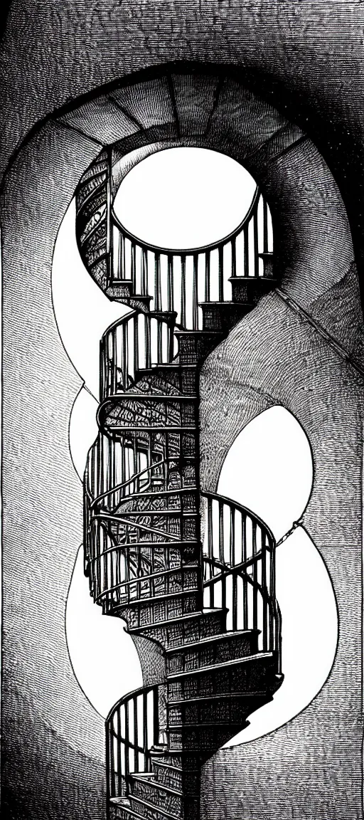 Prompt: a spiral staircase inside a tall circular tower. engraving by gustave dore, kentaro miura. extremely high details, masterpiece, artstation contest winner, black and white, smooth lines, realism, realistic, view from below