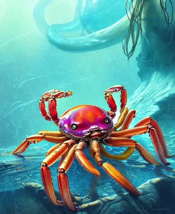 Prompt: intricate colorful transparent portrait of a disturbing beautiful alien crab creature, mottled coloring, adorable, childlike, underwater environment, ultra realistic, concept art, art nouveau, photorealistic, octane render, 8 k, unreal engine. art by christopher marley and artgerm and greg rutkowski and alphonse mucha