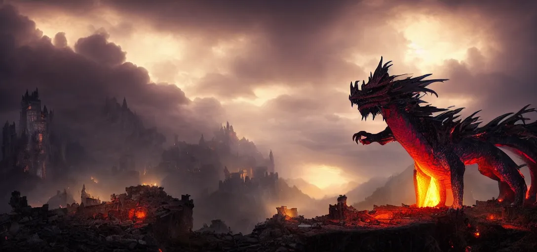 Image similar to giant glowing dragon breathing fire perched on a crumbling hillside of a gothic city in ruins at night, dramatic clouds, glowing fog, dramatic lighting, ultra detailed, sharp, ambient occlusion, raytracing, by greg rutowski, paul chadeisson and jessica rossier