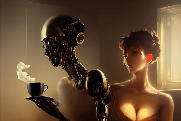 Image similar to coffee room baroque oil painting finely detailed perfect face mexican man smoking anime shinkai takeuchi key visual of character concept art metal female robot body suit pixiv fanbox, painted by greg rutkowski