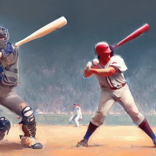 Image similar to baseball player hitting the ball with the baseball bat in the middle of the game and in front of everyone in the stadium, james gurney painting style, greg rutkowski, artstation