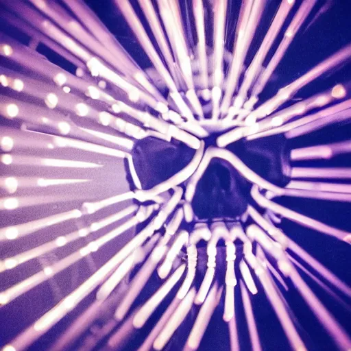 Prompt: a low poly disco skull full of long spikes, reflecting light in a nightclub, grainy film photograph