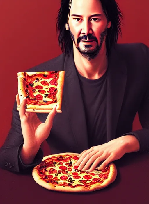 Prompt: portrait of keanu reeves eating pizza, intricate, elegant, glowing lights, highly detailed, digital painting, artstation, concept art, smooth, sharp focus, illustration, art by wlop, mars ravelo and greg rutkowski