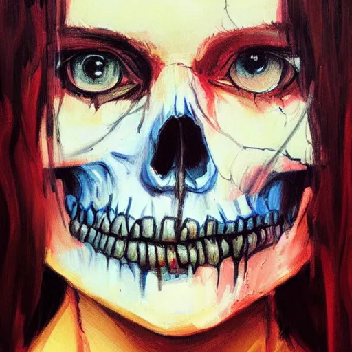 Prompt: a portrait of a girl skull face, youth, child, angel, wings, in the style of artgerm, van gogh, atey ghailan and steve mccurry, vibrant colors and hard shadows and strong rim light, lucien freud, comic cover art, trending on artstation