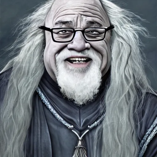 Image similar to danny devito as gandalf, deviantart, smile, ultra realistic illustration, final fantasy, high quality, full color, full body, lotr movies