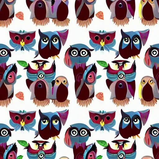 Image similar to gathering of feathered owls looking with big eyes in graphic design style