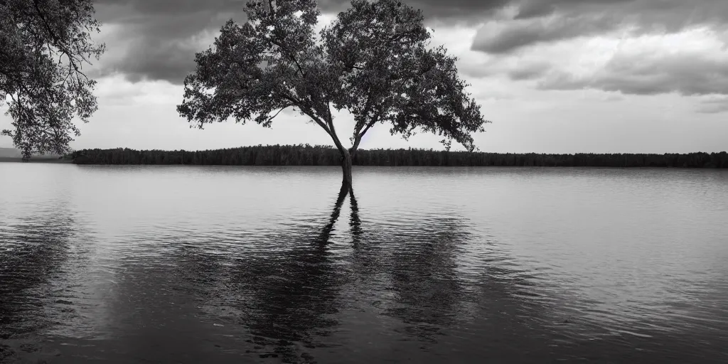 Image similar to centered subjected photograph of a long infinite rope snaking across the surface of the water, stretching out towards the center of the lake, a dark lake on a cloudy day, trees in the background, anamorphic lens