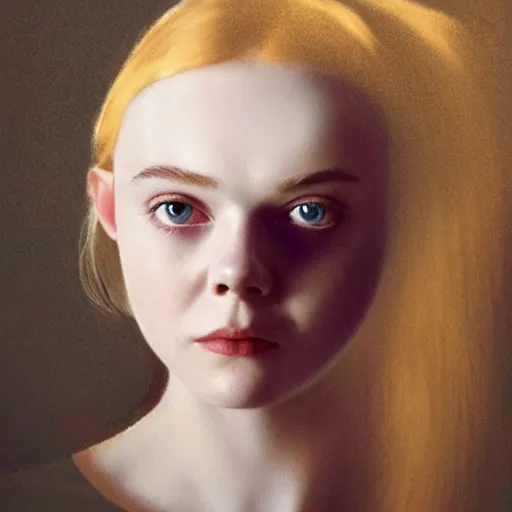 Image similar to Elle Fanning in a nightmare, head and shoulders portrait, extremely detailed masterpiece, Roger Deakin’s cinematography, illustration, by Michael Sowa,