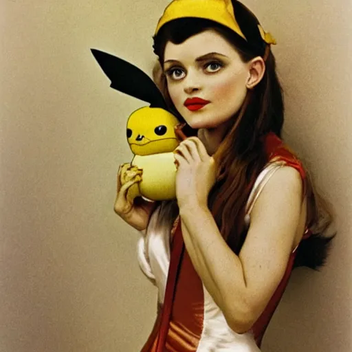 Image similar to elegant woman dressed up as pikachu, art photo by Annie Liebovitz and Alphonse Mucha