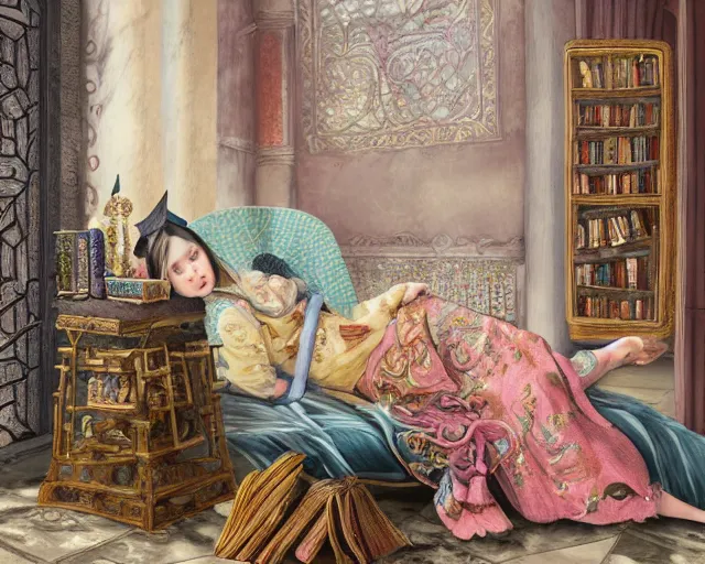 Prompt: a detailed fantasy pastel portrait of a wizard student in ornate clothing lounging on a purpur pillow on the marble floor in front of her bookcase in a room, studying an ancient tome. to the side is a potted plant and some blue candles. ancient oriental retrofuturistic setting. 4 k key art, raytracing in the style yoshitaka amano and rembrandt.