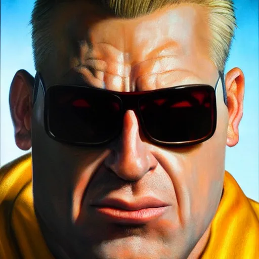 Image similar to ultra realistic portrait painting of duke nukem, stanley artgerm, 4 k, ultra realistic, highly detailed, epic lighting