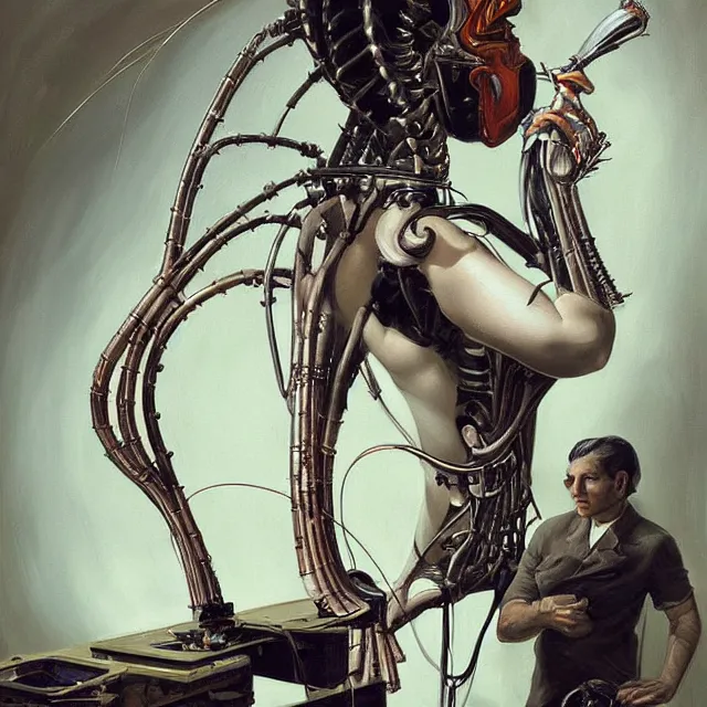 Image similar to biomechanoid artist painting a self - portrait on a canvas. intricate, highly detailed, digital matte painting in the style of gil elvgren and in the style of h. r. giger. irony, recursion, inspiration.