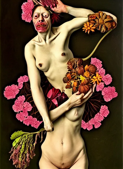 Prompt: beautiful rotten woman morphing into plants and many different types of beautiful flowers, muscles, organs, surreal, miguel angel, gustave courbet, caravaggio, romero ressendi, gunther von hagens