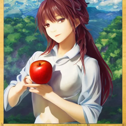 Prompt: isekai masterpiece by liya nikorov, zeronis, sciamano 2 4 0, and airi pan. of a girl holding an apple