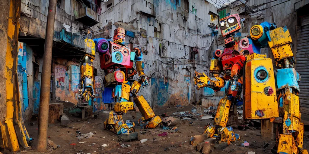 Prompt: colourful but run-down giant mecha ROBOT of AJEGUNLE SLUMS of Lagos, markings on robot, Golden Hour,