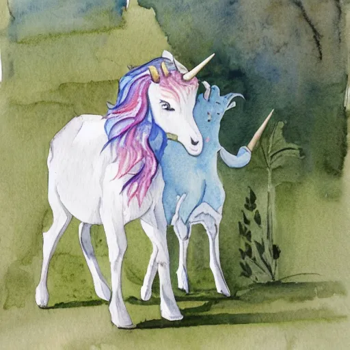 Image similar to watercolour painting of a unicorn and a goat