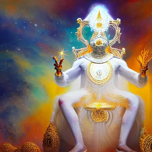 Prompt: obatala the cosmic god wearing all white and gold sitting on a throne of nebula clouds, by Adi granov and afarin sajedi in a surreal portrait style, oil on canvas, volumetric lighting, glowing eyes, detailed face, orisha, 8k, hd