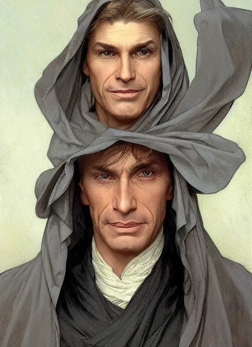 Image similar to a clean shaven man aged 4 0 with tousled blonde hair and hazel eyes and a friendly expression. he is handsome and wearing a grey cloak. head and shoulders portrait painting by artgerm and greg rutkowski and alphonse mucha.