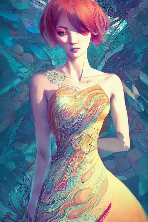 Prompt: a beautiful muse in a dress made of dreams, by android jones and ross tran and ilya kuvshinov, trending on artstation