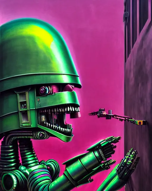 Image similar to hyperrealistic hyperdetailed graffiti! mecha iridescent pink fighting!! aliens concept art santiago caruso de chirico sharp very dramatic green light 8k low angle shallow depth of field