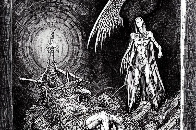 Image similar to 3 5 mm photo of a fallen angel begs to enter the gates of hell by philippe druillet and gustave dore and les edwards and much a and moebius and hieronymus bosch