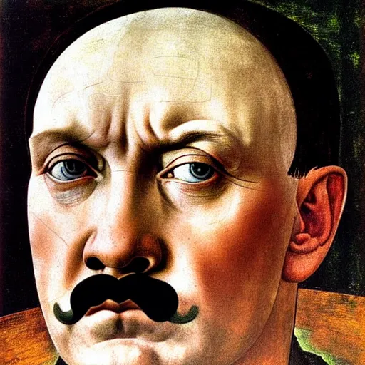 Prompt: Facial portrait. Adolf Hitler, looking at the camera, happy. awe inspiring mood, uplifting, extremely detailed painting. by Botticelli, Michelangelo and Leonardo da Vinci.