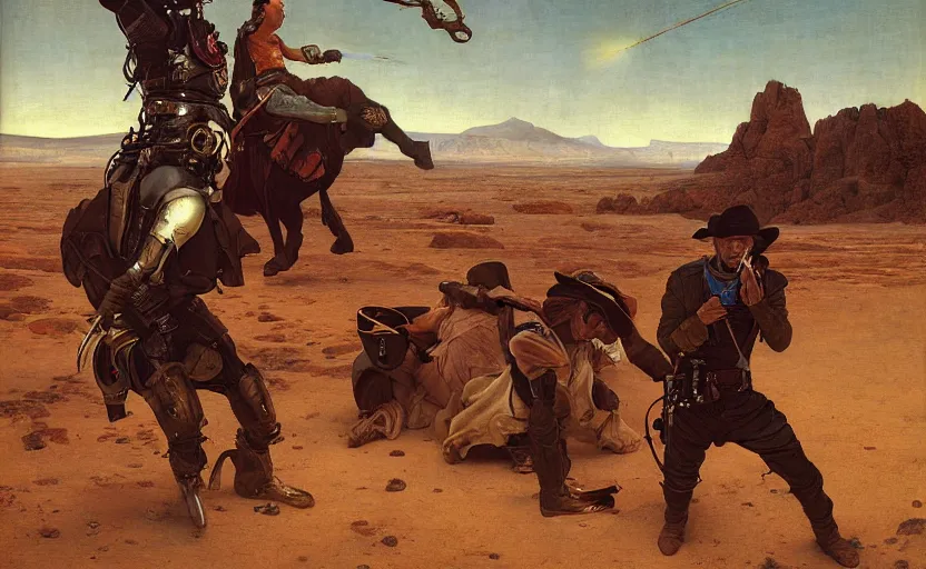 Image similar to a cowboy shootout on mars by edgar maxence and caravaggio and michael whelan and delacroix style, artistic, intricate painting, cinematic lighting, hyper realistic, extremely detailed, establishing shot, 8 k resolution, dramatic lighting