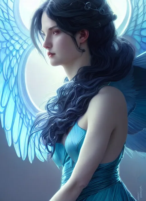 Image similar to a beautiful cinematic female archangel queen, fantasy sea landscape, fantasy magic, short aqua blue black fade hair, dark light night, intricate, elegant, sharp focus, illustration, highly detailed, digital painting, concept art, matte, art by WLOP and Artgerm and Greg Rutkowski and Alphonse Mucha, masterpiece