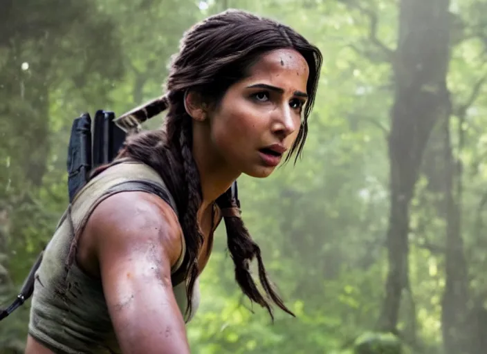 Image similar to film still of!!!! naomi scott!!! as lara croft in new tomb raider movie, 8 k