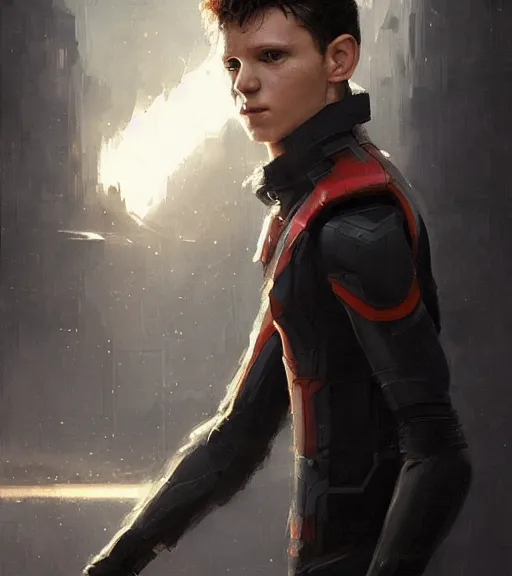 Image similar to portrait of tom holland by greg rutkowski, he is about 3 0 years old, short black hair with bangs, scared and incredulous, very tall and slender, he is wearing futuristic space gear, highly detailed portrait, digital painting, artstation, concept art, smooth, sharp foccus ilustration, artstation hq