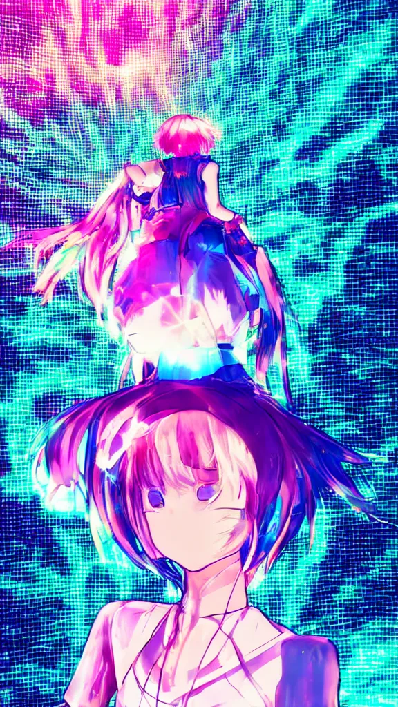 Image similar to Anime girl, glitchy, glitch art, Chromatic aberration, girl in white dress , halo over her head, nobody knows the future