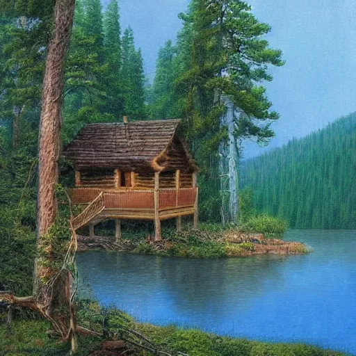 Image similar to cabin on a cliff overlooking a lake in a forest, Stephen youll