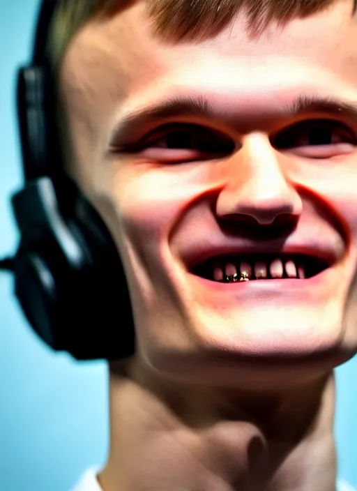 Prompt: vitalik buterin in headphones. vitalik buterin, close up, perfect symmetric face, coherent eyes, pixar, disney, beautiful smiling face, high detail, very sharp, 4 k