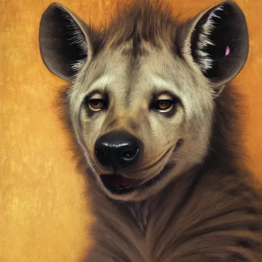 Prompt: a portrait of a hyena lady, titian, sam spratt, maxfield parrish, gustav klimt, tom bagshaw, mark ryden, alphonse mucha, rembrandt, high quality, painting, oil